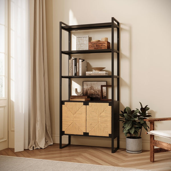 English Elm Natural Rattan Bookshelf with Matte Black Frame Open Display and Closed Storage Cabinet W2263P395493