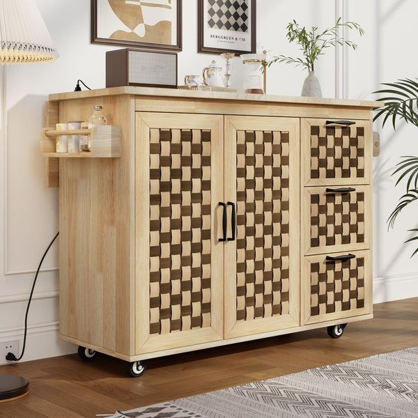 English Elm K&K Vintage Woven Checkerboard Kitchen Island 53.2" with Drop Leaf, Power Outlet, 5 Wheels, Storage N707P215328Y