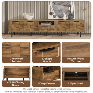 English Elm 78" TV Stand Checkered Natural Wood Finish with Soft-Close Doors, Deep Drawer & Open Shelf Storage N710P293272P