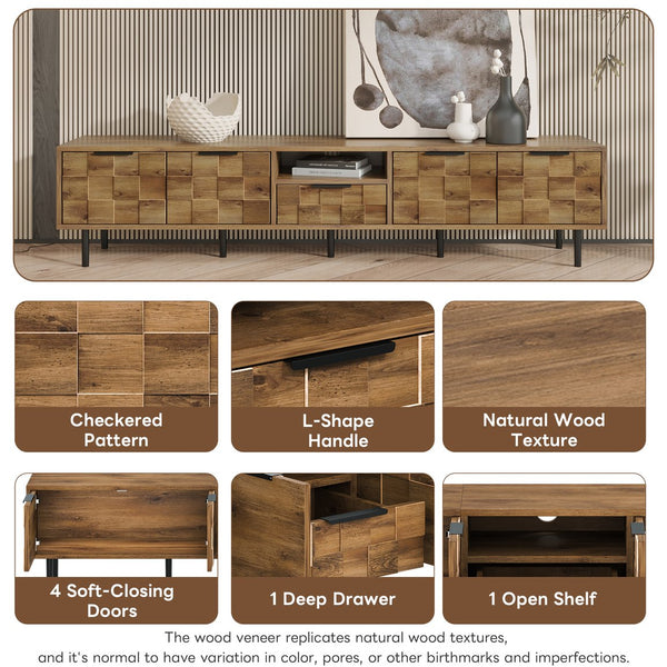 English Elm 78" TV Stand Checkered Natural Wood Finish with Soft-Close Doors, Deep Drawer & Open Shelf Storage N710P293272P