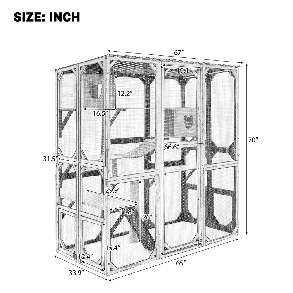 English Elm Outdoor Fir Wood Window Catio Enclosure with Four Climbing Platforms for Cats Black,Natural N719P418377N