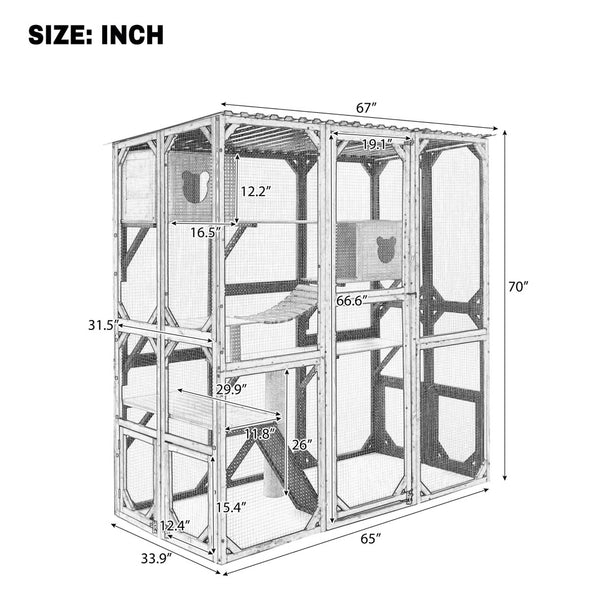 English Elm Outdoor Fir Wood Window Catio Enclosure with Four Climbing Platforms for Cats Black,Natural N719P418377N