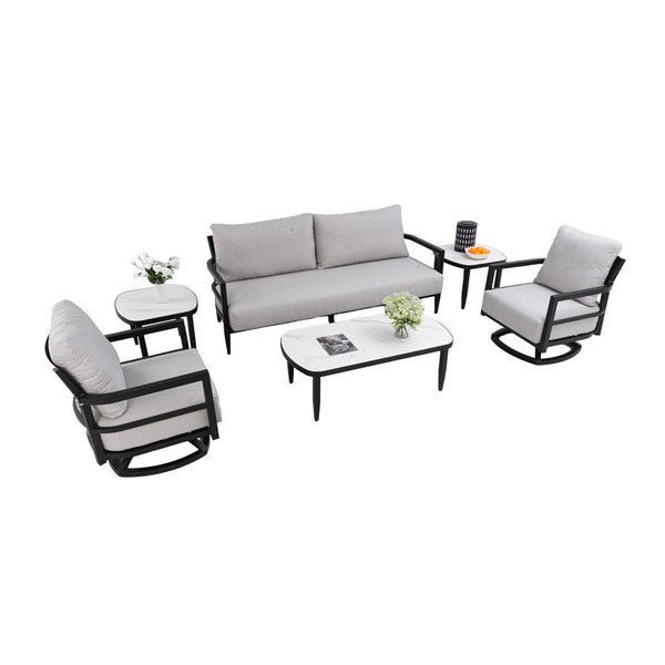 English Elm 6pc Outdoor Aluminum Conversation Set Sintered Stone Tables Sunbrella Cushion Swivel Chairs W1886S00044