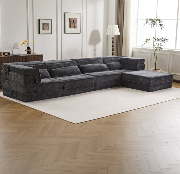 English Elm Compression Mahjong Sofa - Oversized Modular Floor Bed With Ottoman, No Assembly, Soft Fleece Fabric W3723S00037