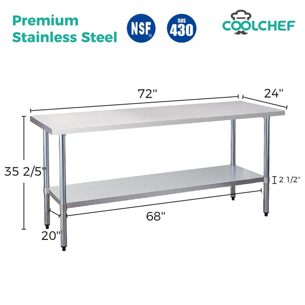 English Elm 24" X 72" Nsf Certified Stainless Steel Prep Table with Undershelf for Kitchens W3629P365476