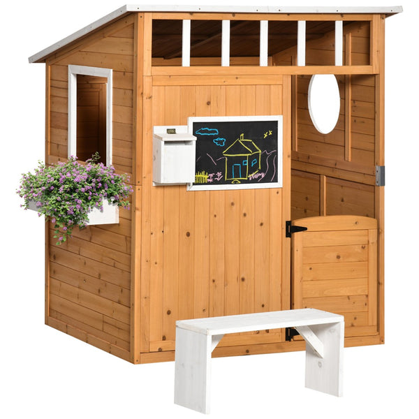 English Elm Outsunny Solid Fir Wood Kids Outdoor Playhouse with Door Windows Bench Mailbox W2225P217343