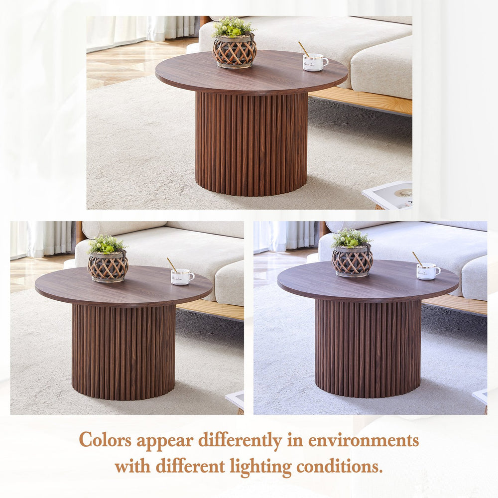 English Elm A modern circular coffee table Walnut MDF with hidden storage, cylindrical textured legs, polished edge detail, 27.5" diameter W1512P410543