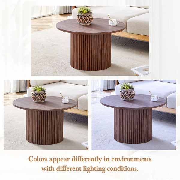 English Elm A modern circular coffee table Walnut MDF with hidden storage, cylindrical textured legs, polished edge detail, 27.5" diameter W1512P410543