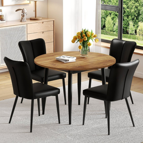 English Elm Table And Chair Set - Modern Extendable Mdf Dining Table With 4 Stylish Black Pu Chairs For Gatherings W1151S04145-GIGA