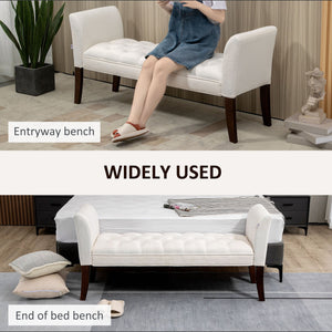 English Elm HOMCOM Tufted Upholstery Bench with Arms — Plush Linen-Feel Seat, Solid Wood Legs, Versatile Entryway seating solution Cream White W2225P217027