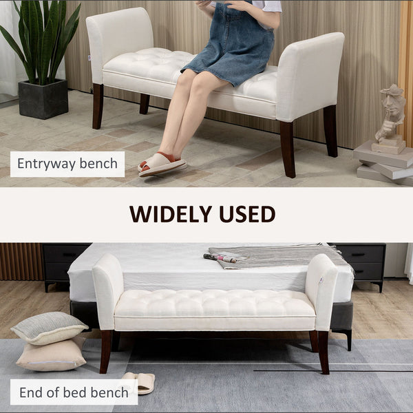 English Elm HOMCOM Tufted Upholstery Bench with Arms — Plush Linen-Feel Seat, Solid Wood Legs, Versatile Entryway seating solution Cream White W2225P217027