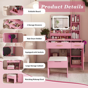 English Elm Vanity Desk with Led Mirror Power Station 3 Drawers Shelves and Makeup Stool W2700P342539