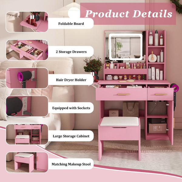 English Elm Vanity Desk with Led Mirror Power Station 3 Drawers Shelves and Makeup Stool W2700P342539