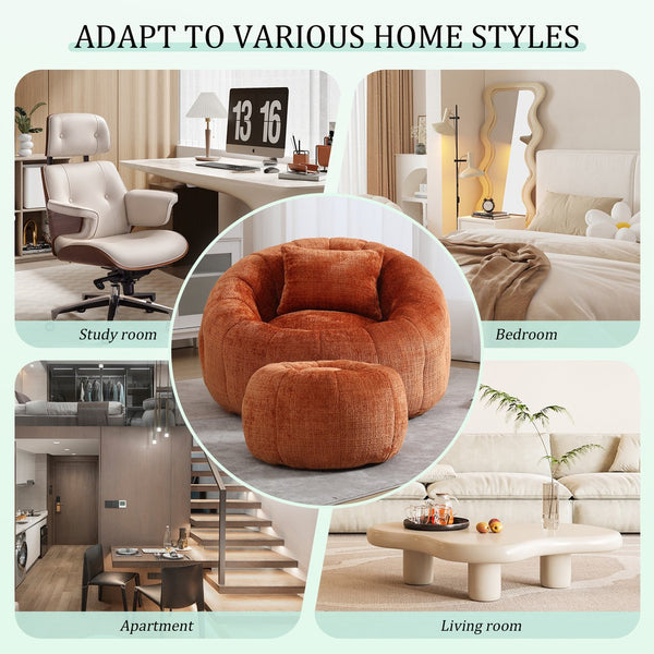 English Elm UNITED Cloud-Luxe Chenille Memory Foam Bean Bag Chair with Ottoman and Pillow for Ultimate Comfort Orange W1568P361695