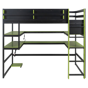 English Elm Full Size Gaming Loft Bed with Rgb Lights Wraparound Shelves and Built-in Usb Ports Green LT000299AAF