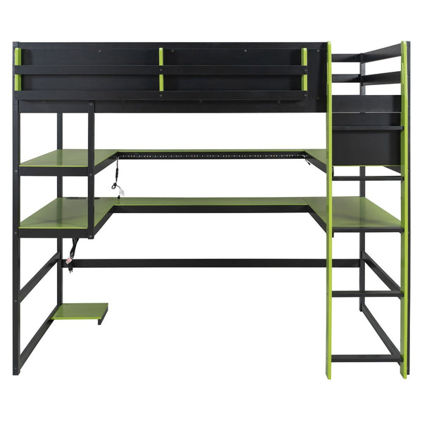 English Elm Full Size Gaming Loft Bed with Rgb Lights Wraparound Shelves and Built-in Usb Ports Green LT000299AAF