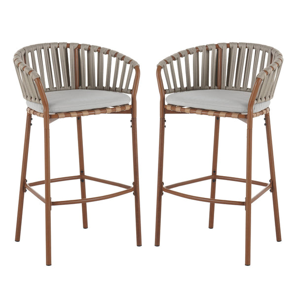 English Elm Christopher Knight Home® - Lodi Teak Outdoor Metal Rope Barstools Set of 2 — Beige Weather-Resistant Fabric, Ergonomic Fan Back N775P268025T