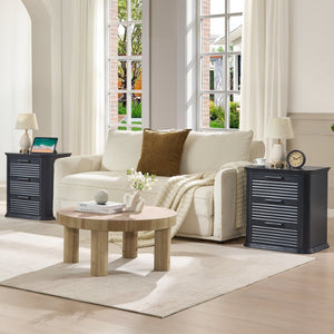 English Elm 22" Fluted Wood Nightstand with Built-in Charging Station Three Drawer Bedside Storage Black Woodgrain T5326P431147