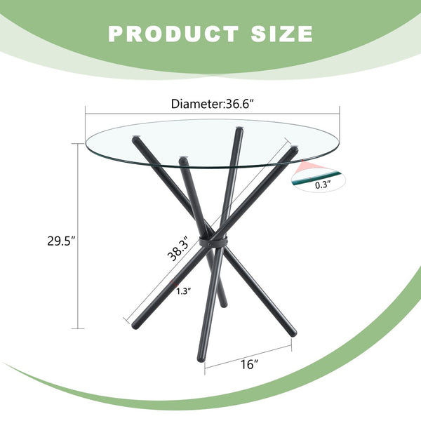 English Elm A Round Tempered Glass Dining Table with Sculptural Black Metal Legs for Modern Spaces W1151P411356