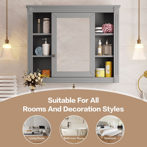 English Elm 35'' Modern Medicine Cabinet with Mirror and Towel Rod, MDF Wall-Mounted Bathroom Storage with Adjustable Shelves and Soft-Close Hinges Grey WF305081AAE