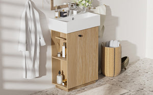 English Elm [video]21.6" Freestanding Bathroom Vanity Ceramic Sink Wavy Door Mdf Cabinet Small Bath Wood N729P285503N