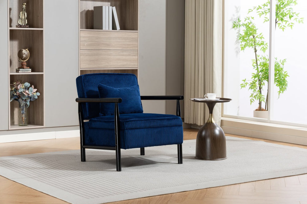 English Elm Storage Accent Chair Mid Century Wood Frame Upholstered Seat with Lumbar Cushion Antique Blue W2530P401447