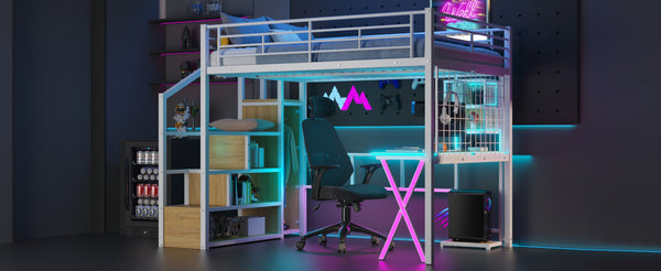 English Elm Full Full Size Metal Loft Bed with Built-In Desk, Wardrobe & Stair Storage, LED Lights, Space-Saving White GX000663AAK