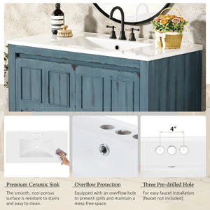 English Elm 36" Bathroom Vanity Organizer with Ceramic Sink, Solid Wood Distressed Finish, Hand-Painted Charm and Ample Storage Retro Blue N729P255666C