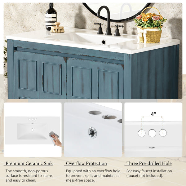 English Elm 36" Bathroom Vanity Organizer with Ceramic Sink, Solid Wood Distressed Finish, Hand-Painted Charm and Ample Storage Retro Blue N729P255666C