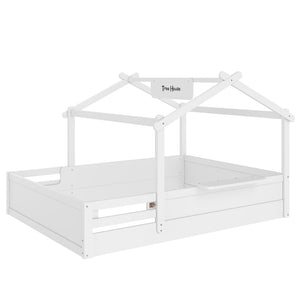 English Elm Queen House Shaped Kids Floor Bed Pine Wood Frame with Guardrails and Personalized Headboard Light White W1580P396334
