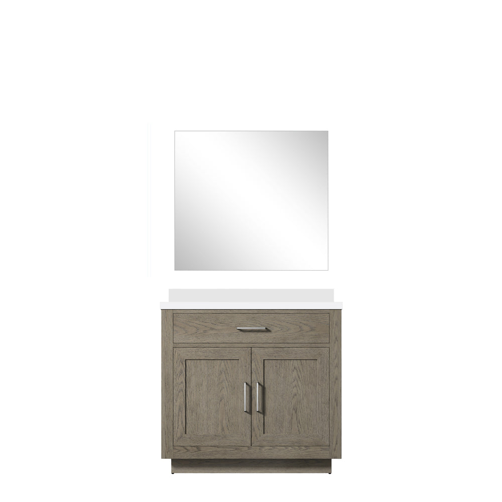 English Elm Grey Oak Single Bath Vanity Set With White Quartz Top & 34 In. Frameless Mirror For Modern Bathrooms B2731S01399
