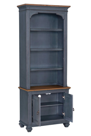 English Elm 84 Inch Americana Bookcase in Corduroy Blue Finish — Fully Assembled Rubberwood & Birch Shelves, Antique Pewter Hardware, Coastal Distressed Charm, 4 Shelves + 2 Doors (84") B108P193073