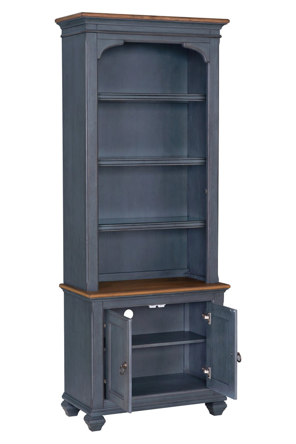 English Elm 84 Inch Americana Bookcase in Corduroy Blue Finish — Fully Assembled Rubberwood & Birch Shelves, Antique Pewter Hardware, Coastal Distressed Charm, 4 Shelves + 2 Doors (84") B108P193073