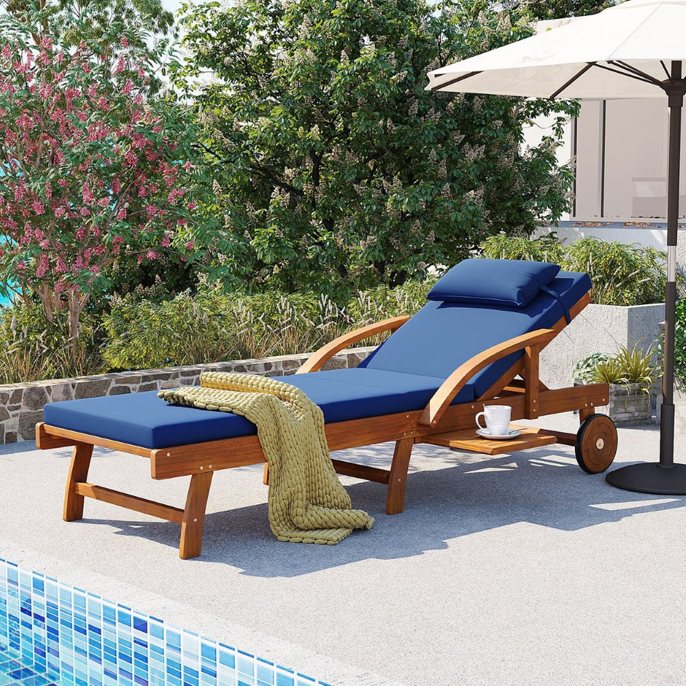 English Elm U_style Acacia Wood Outdoor Chaise Lounger with Reclining Backrest Cushions and Side Tray Navy Blue N711P415859C