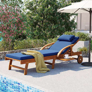 English Elm U_style Acacia Wood Outdoor Chaise Lounger with Reclining Backrest Cushions and Side Tray Navy Blue N711P415859C