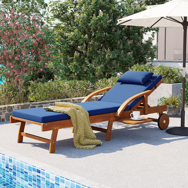 English Elm U_style Acacia Wood Outdoor Chaise Lounger with Reclining Backrest Cushions and Side Tray Navy Blue N711P415859C