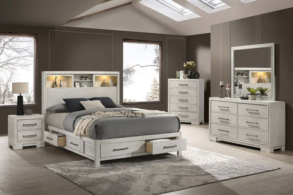 English Elm Modern Transitional Eastern King Platform Bed Open Shelves Led Lights Antique White B011S02119