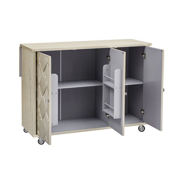 English Elm K&K Farmhouse Kitchen Island with 3D Wave Stripes Ash Veneer, Drop Leaf, Rolling Cart Storage Champagne N707P207916X