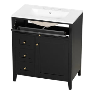 English Elm 30-Inch Contemporary Bathroom Vanity with Sink, MDF & Rubberwood, Glossy Finish, 3 Drawers + Cabinet Black N725P350819B