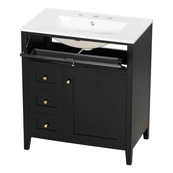 English Elm 30-Inch Contemporary Bathroom Vanity with Sink, MDF & Rubberwood, Glossy Finish, 3 Drawers + Cabinet Black N725P350819B