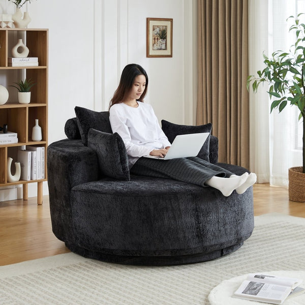 English Elm 55''l 55'l Chenille Swivel Lounge Chair Plush Foam Fill 360 Rotation Modern Living Room Black W834S00642