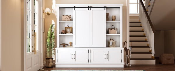 English Elm The Industrial Barn Door Entryway Cabinet with Sliding Rails and 12 Storage Compartments White W1580S00271