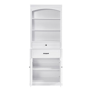 English Elm White Bathroom Storage Cabinet with Zinc Knob Doors, 4 Drawers, 6 Open Shelves & Adjustable Tiers for Organized Space (63"x10.8"x78.7") N725S252486K