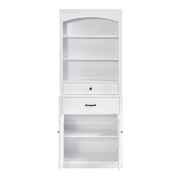 English Elm White Bathroom Storage Cabinet with Zinc Knob Doors, 4 Drawers, 6 Open Shelves & Adjustable Tiers for Organized Space (63"x10.8"x78.7") N725S252486K