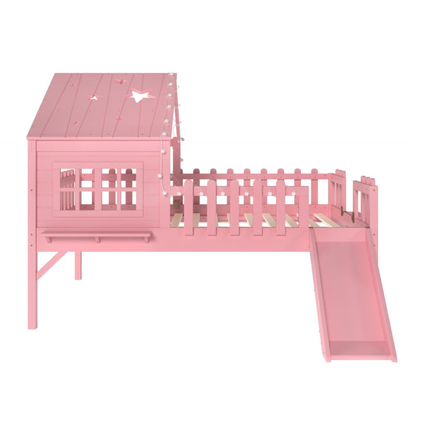English Elm Twin Playhouse Loft Bed Solid Pine Frame with Slide Led Lights and Star Roof Pink W5316S00006