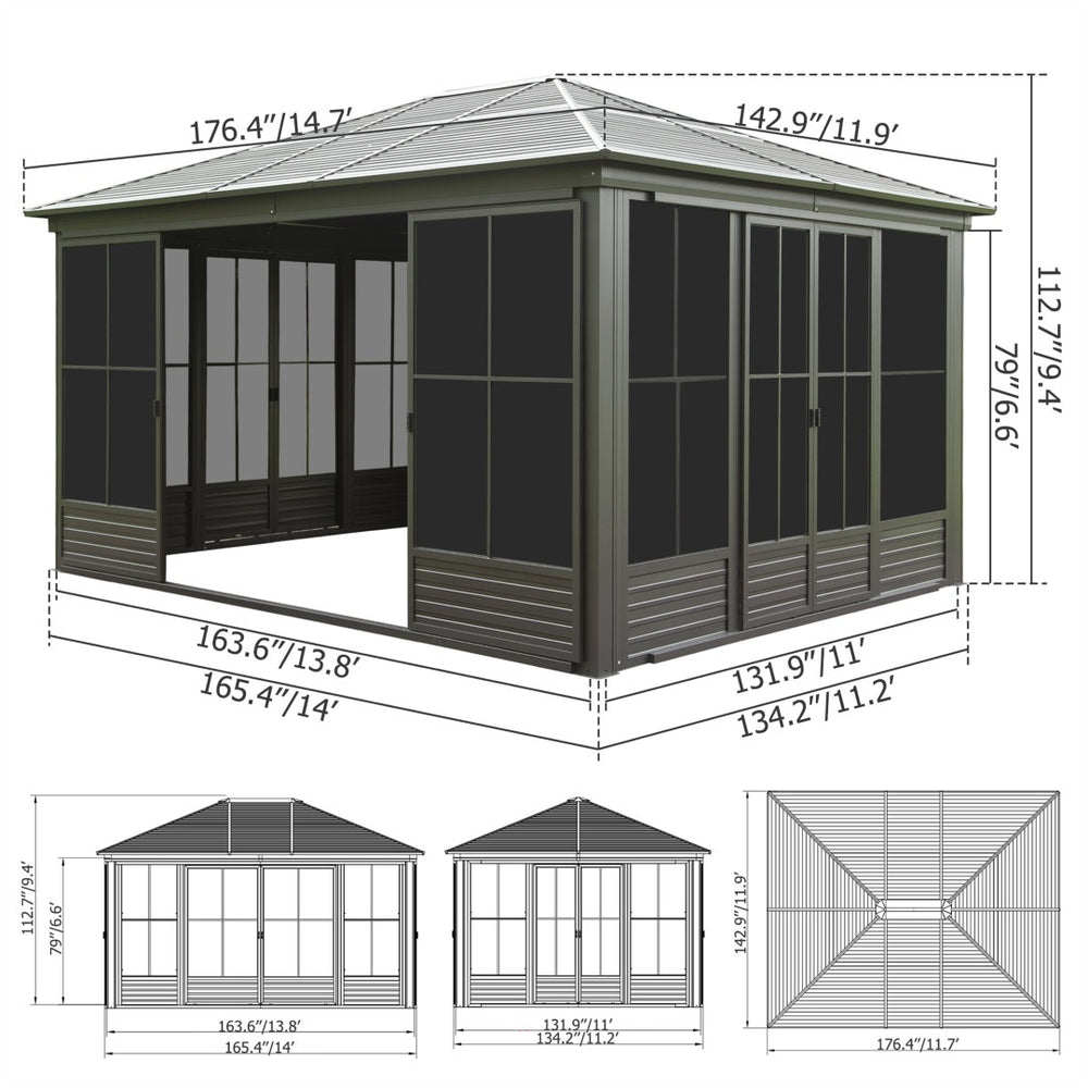 English Elm 12x14ft Outdoor Hardtop Gazebo Aluminum Sunroom with Adjustable Pc Screens All Season W1859P300399