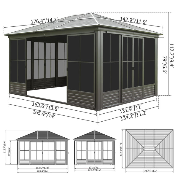English Elm 12x14ft Outdoor Hardtop Gazebo Aluminum Sunroom with Adjustable Pc Screens All Season W1859P300399