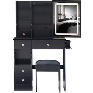 English Elm 29.2" Compact Desktop Vanity Set With Touch-Control Led Mirror, Usb Ports, Stool & Hair Dryer Holder W936P202460