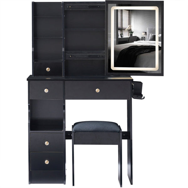 English Elm 29.2" Compact Desktop Vanity Set With Touch-Control Led Mirror, Usb Ports, Stool & Hair Dryer Holder W936P202460