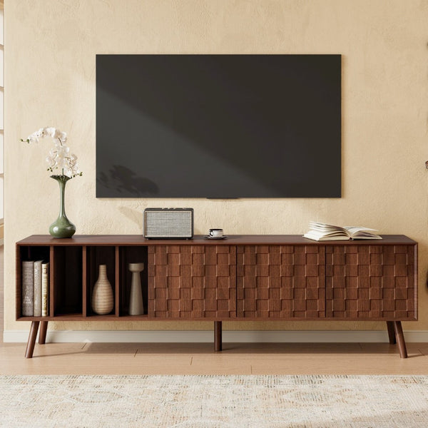 English Elm 68" Mid-century Walnut Media Console with Open Shelves and Soft-close Cabinet Storage N710P446195P